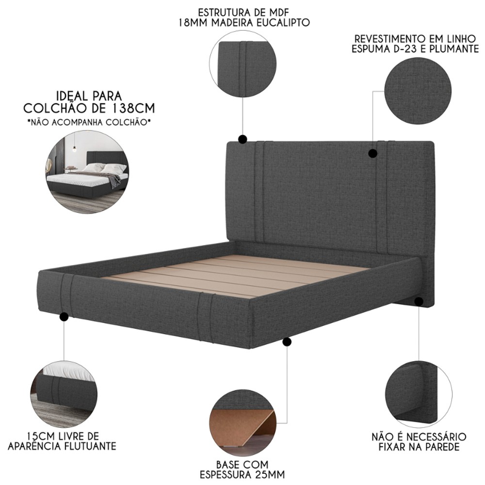 Cama Casal Flutuante Com Cabeceira 140cm Lyra S05 Linho Preto - Mpozenato