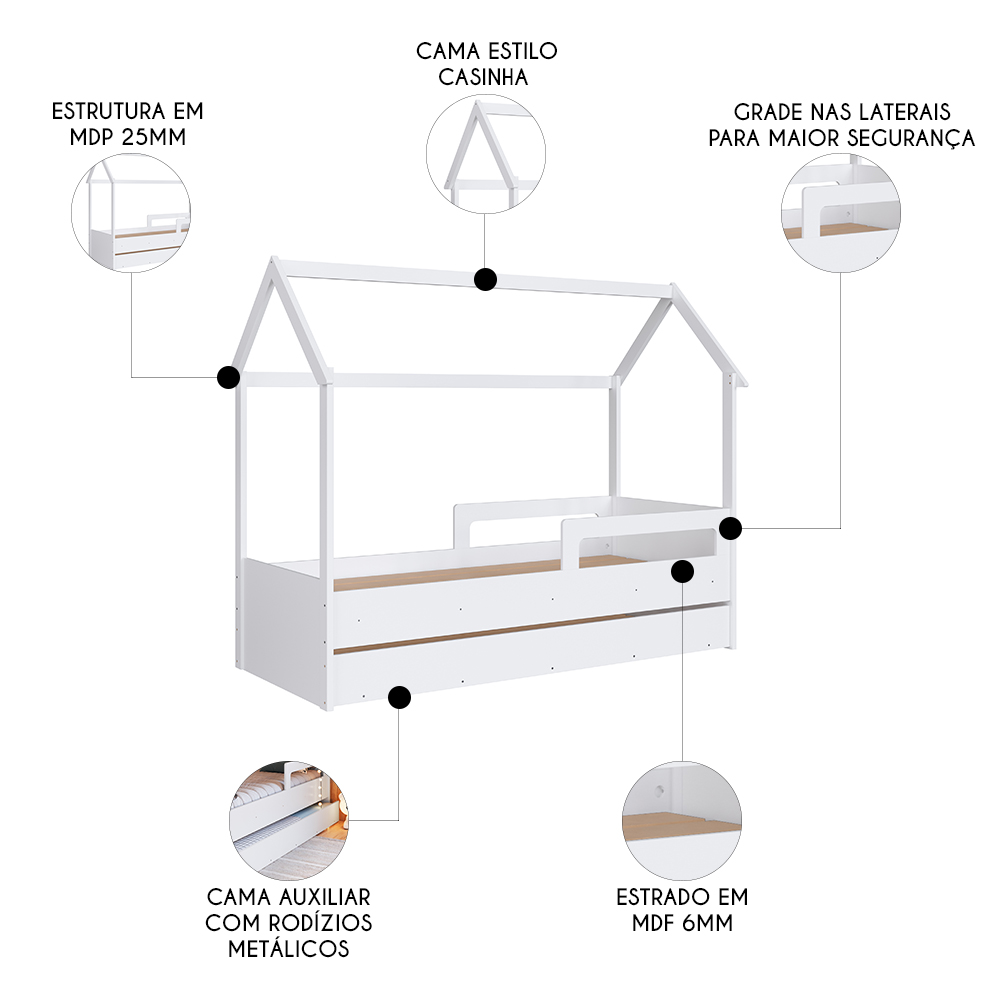Cama Infantil Casinha Com Auxiliar Infix C06 Branco - Mpozenato