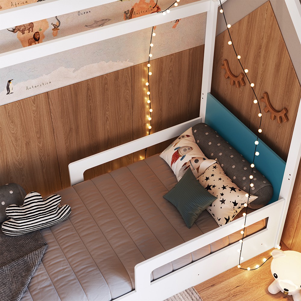 Cama Infantil Montessoriana Casinha Infix C06 Branco/Azul - Mpozenato