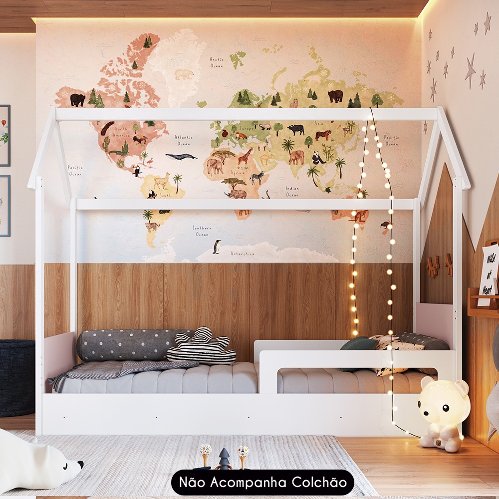 Cama Infantil Montessoriana Casinha Infix C06 Branco/Rosa - Mpozenato