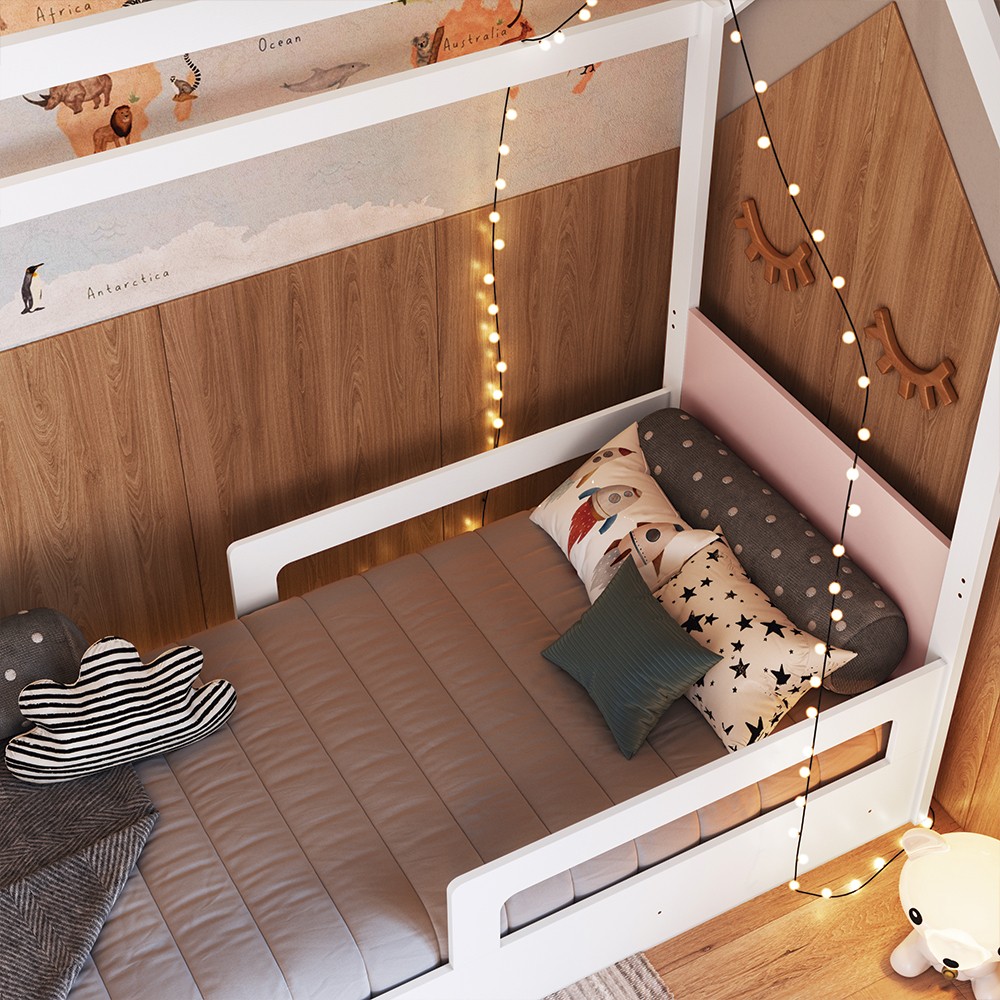 Cama Infantil Montessoriana Casinha Infix C06 Branco/Rosa - Mpozenato