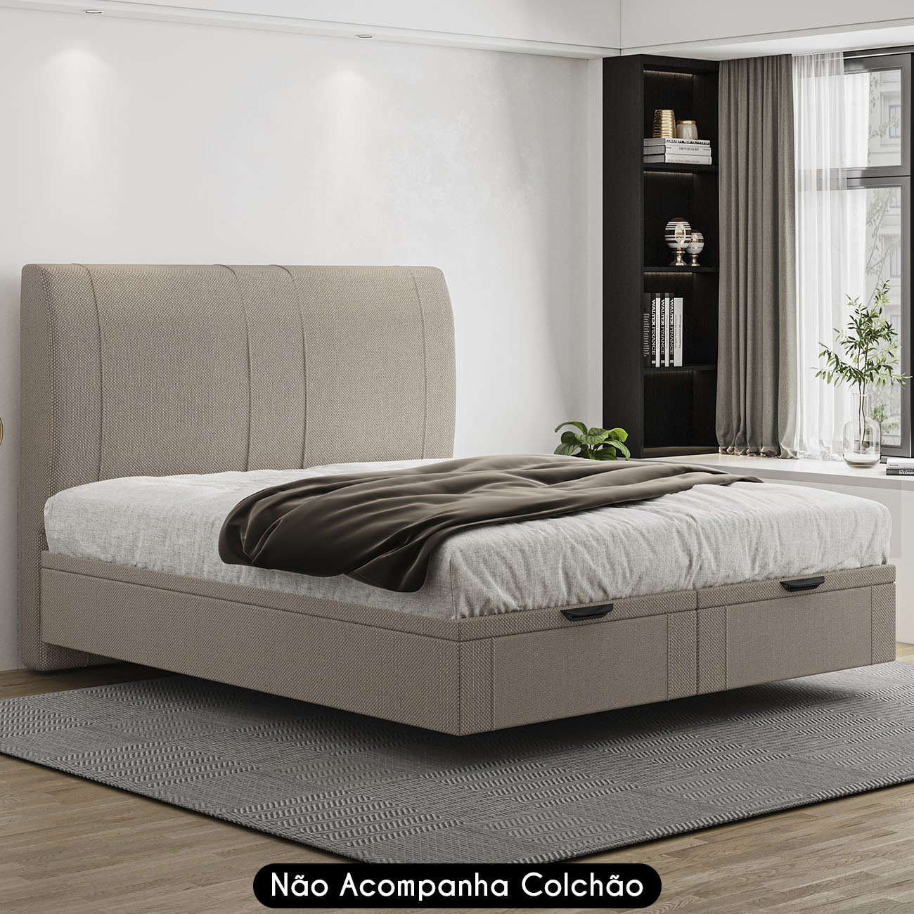 Cama King Flutuante Baú Cabeceira 195cm Fly S05 Linho Bege - Mpozenato