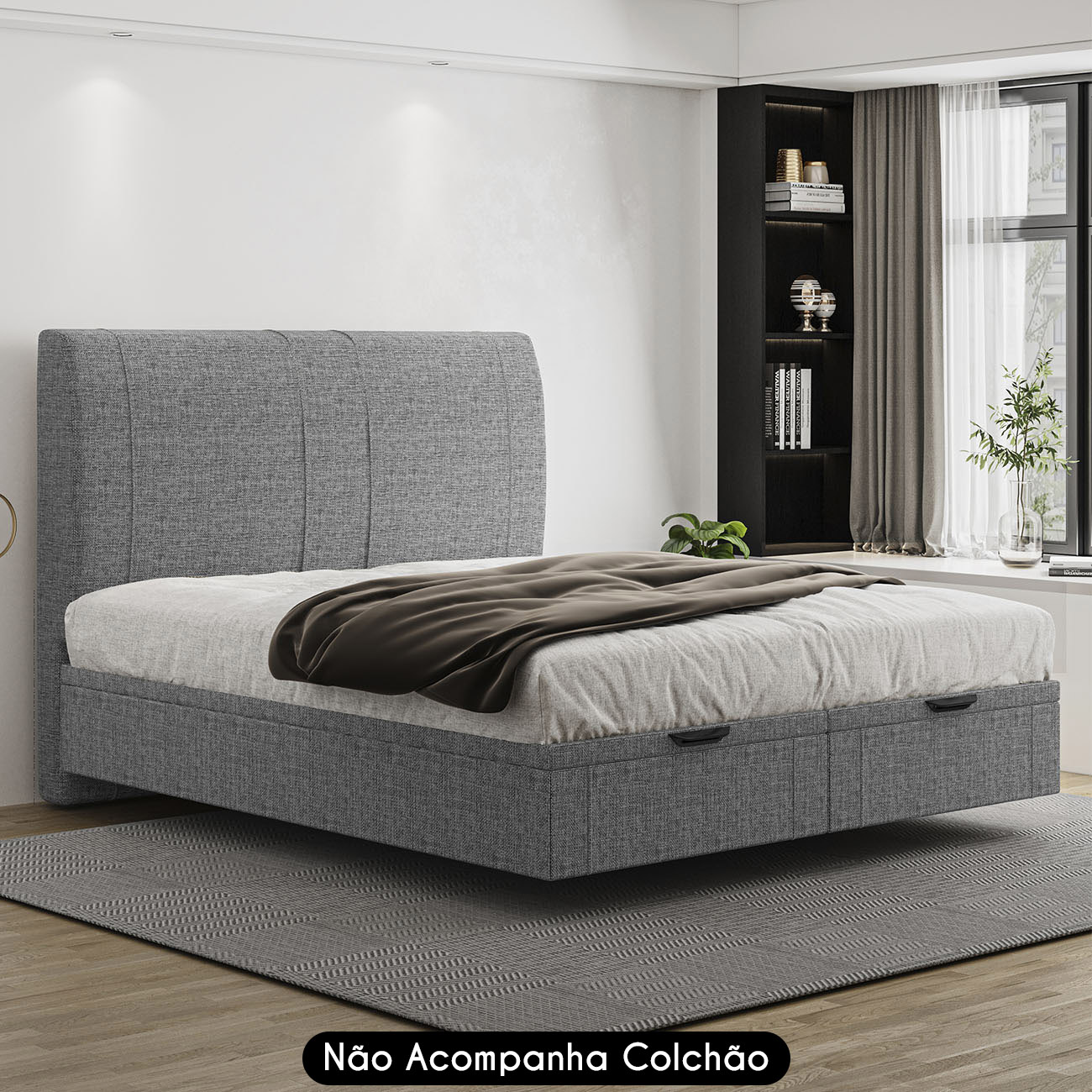 Cama King Flutuante Baú Cabeceira 195cm Fly S05 Linho Cinza - Mpozenato
