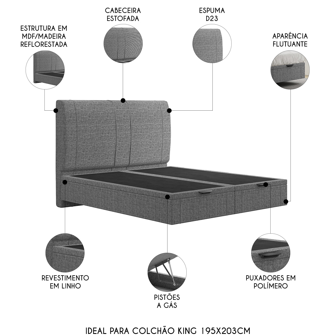 Cama King Flutuante Baú Cabeceira 195cm Fly S05 Linho Cinza - Mpozenato