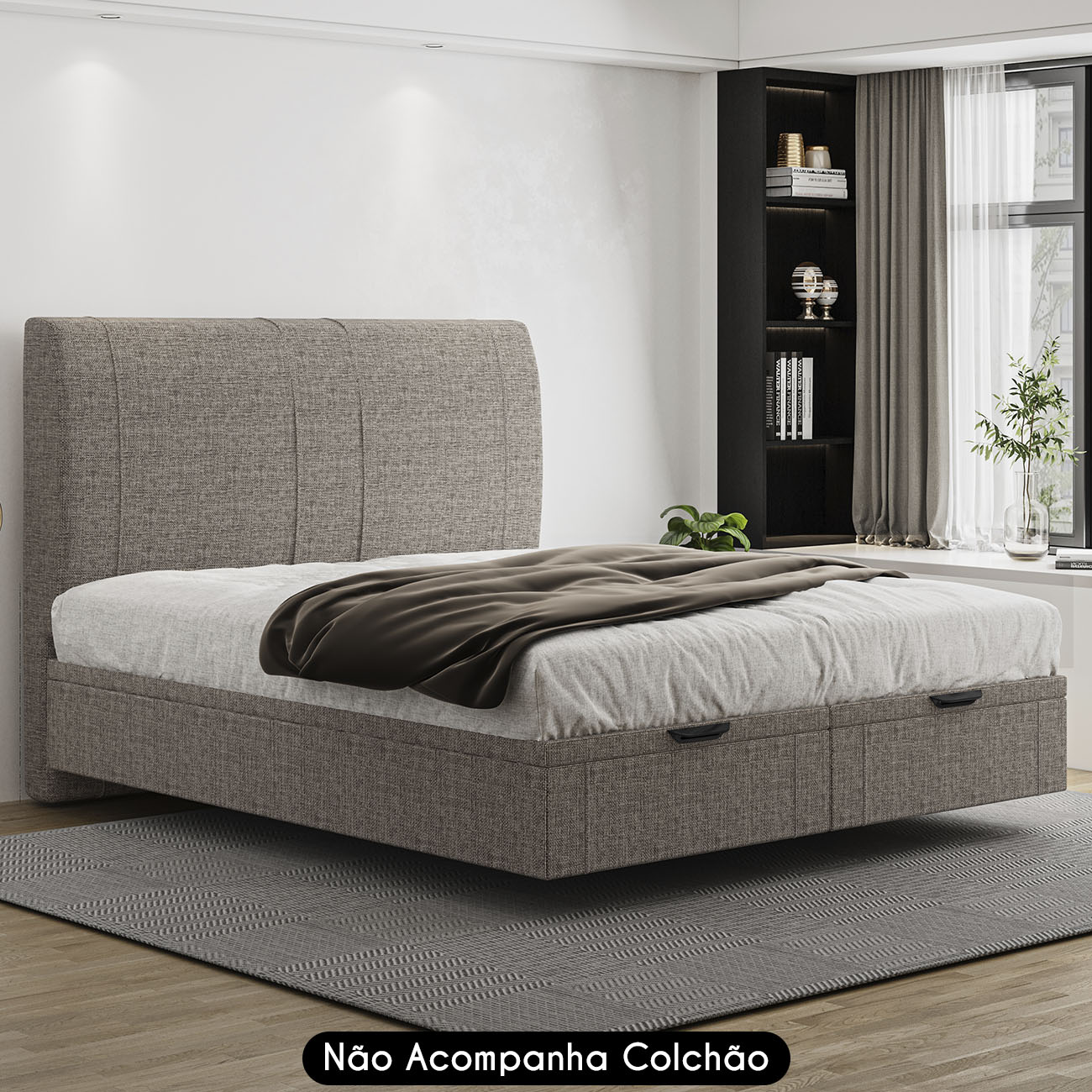 Cama King Flutuante Baú Cabeceira 195cm Fly S05 Linho Marrom - Mpozenato