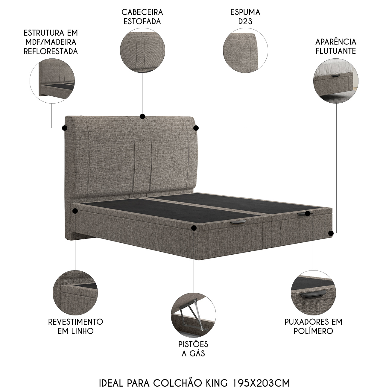 Cama King Flutuante Baú Cabeceira 195cm Fly S05 Linho Marrom - Mpozenato