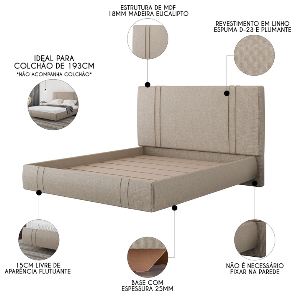 Cama King Flutuante Com Cabeceira 195cm Lyra S05 Linho Bege - Mpozenato