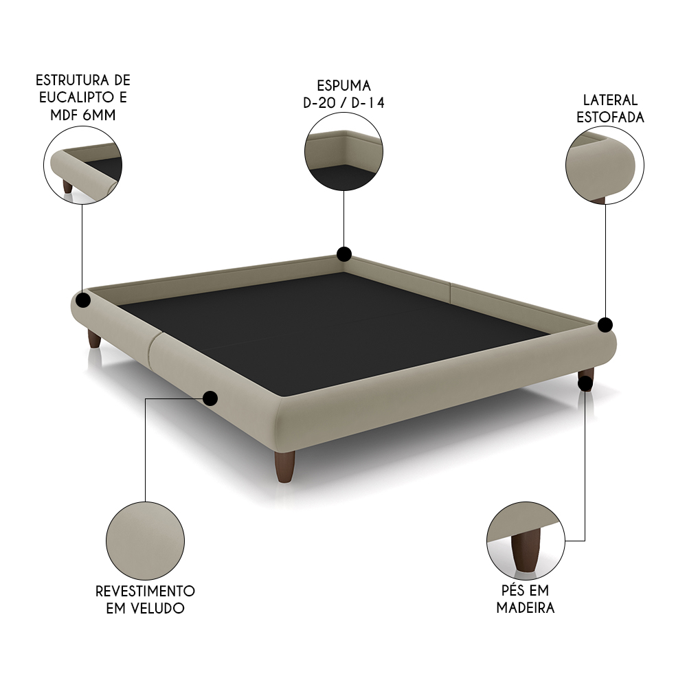 Cama Queen Base Box 158x198cm Pés Madeira Cold P02 Veludo Bege - Mpozenato