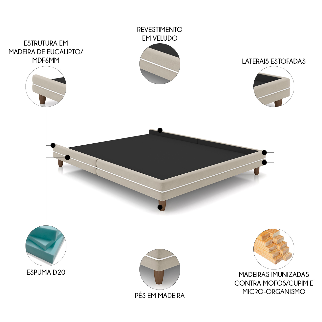 Cama Queen Base Box 160cm Many P02 Veludo Bege - Mpozenato