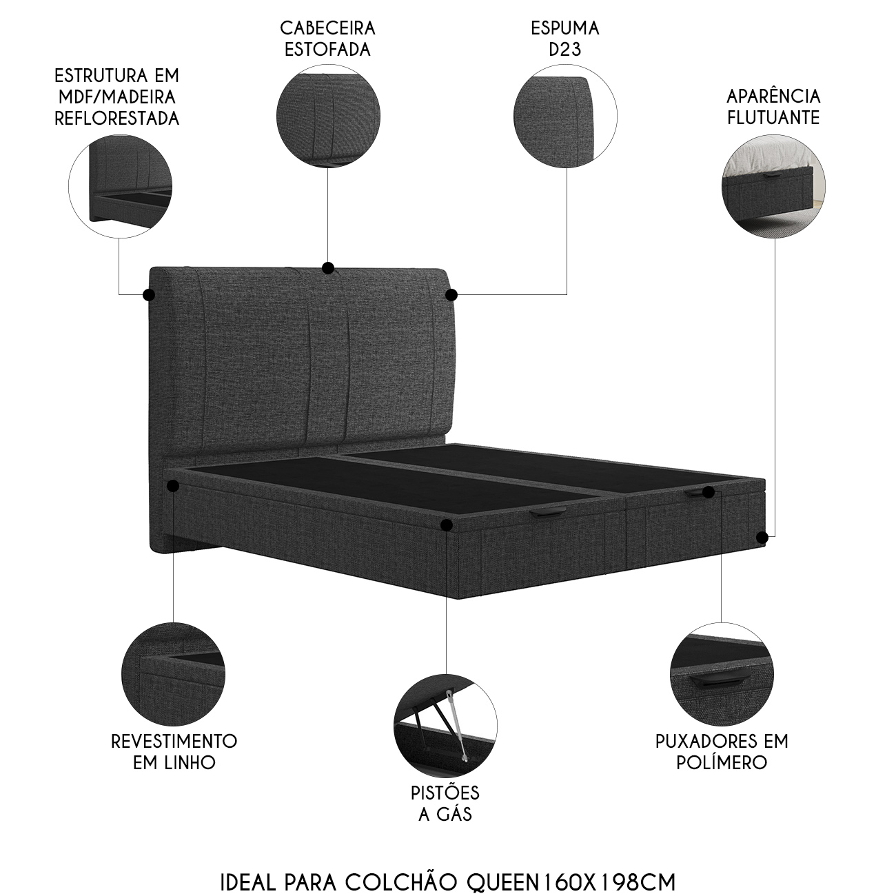Cama Queen Flutuante Baú Cabeceira 160cm Fly S05 Linho Preto - Mpozenato