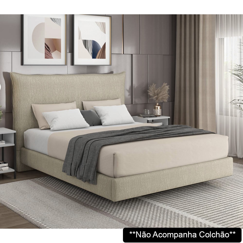 Cama Queen Flutuante Com Cabeceira 160cm Lyra S05 Linho Bege - Mpozenato