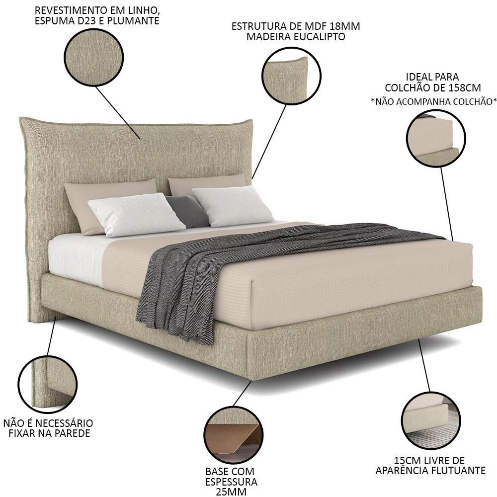 Cama Queen Flutuante Com Cabeceira 160cm Lyra S05 Linho Bege - Mpozenato