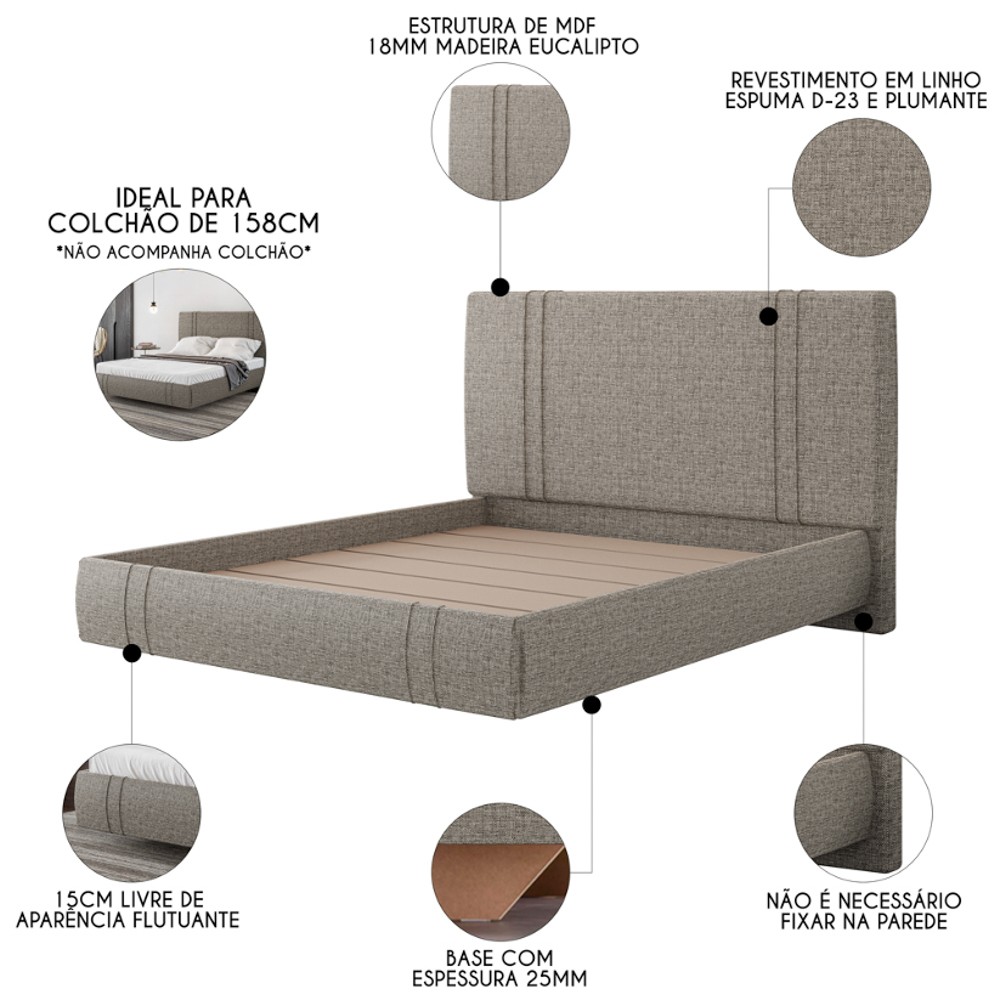 Cama Queen Flutuante Com Cabeceira 160cm Lyra S05 Linho Marrom - Mpozenato