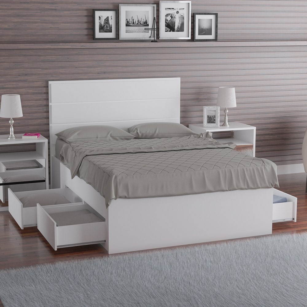 Cama de Casal com Cabeceira 147cm 4 Gavetas Dreams F04 Branco - Mpozenato