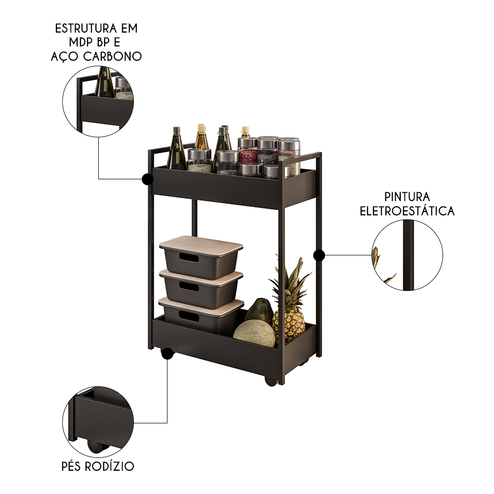 Carrinho Gourmet de Apoio Industrial 2 Prateleiras Sara M24 Preto - Mpozenato