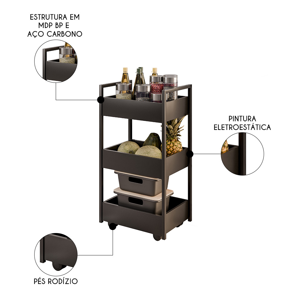Carrinho Gourmet de Apoio Industrial 3 Prateleiras Liss M24 Preto - Mpozenato