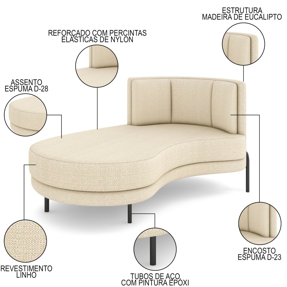 Chaise Longue Divã 163cm Braço Direito Logus D06 Linho Creme - Mpozenato