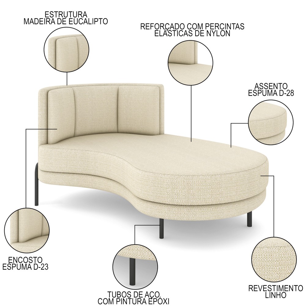 Chaise Longue Divã 163cm Braço Esquerdo Logus D06 Linho Creme - Mpozenato