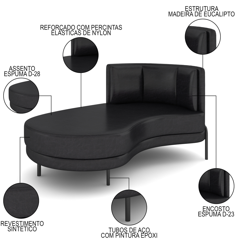 Chaise Longue Divã 164cm Braço Direito Logus D06 Sintético Preto - Mpozenato