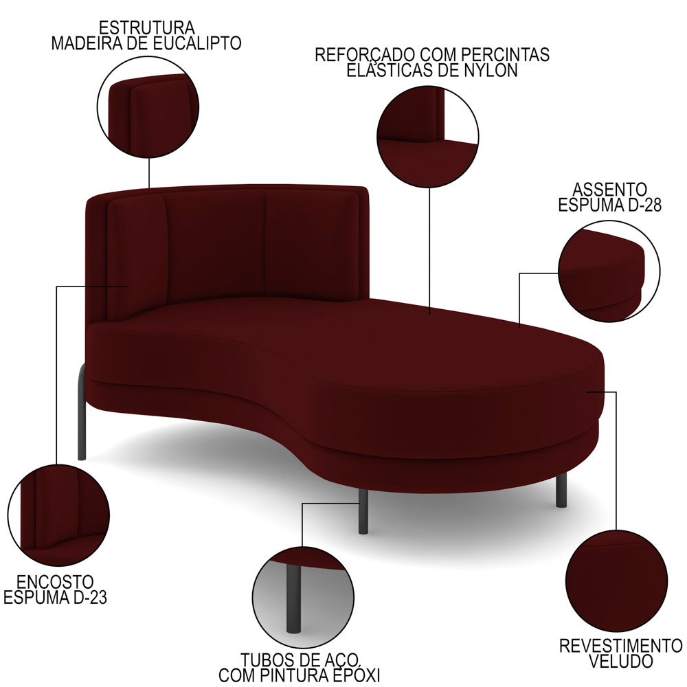 Chaise Longue Divã 164cm Braço Direito Logus D06 Veludo Vermelho - Mpozenato