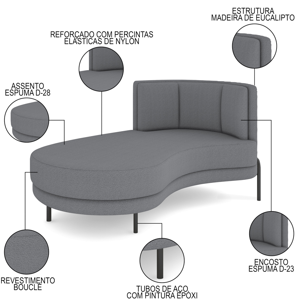 Chaise Longue Divã 164cm Braço Esquerdo Logus D06 Bouclê Cinza - Mpozenato