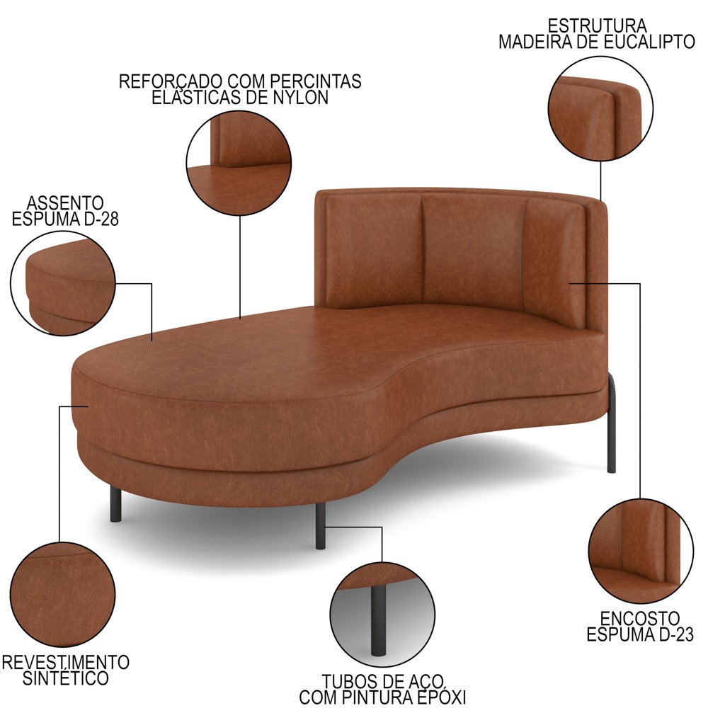 Chaise Longue Divã 164cm Braço Esquerdo Logus D06 Sintético Marrom - Mpozenato