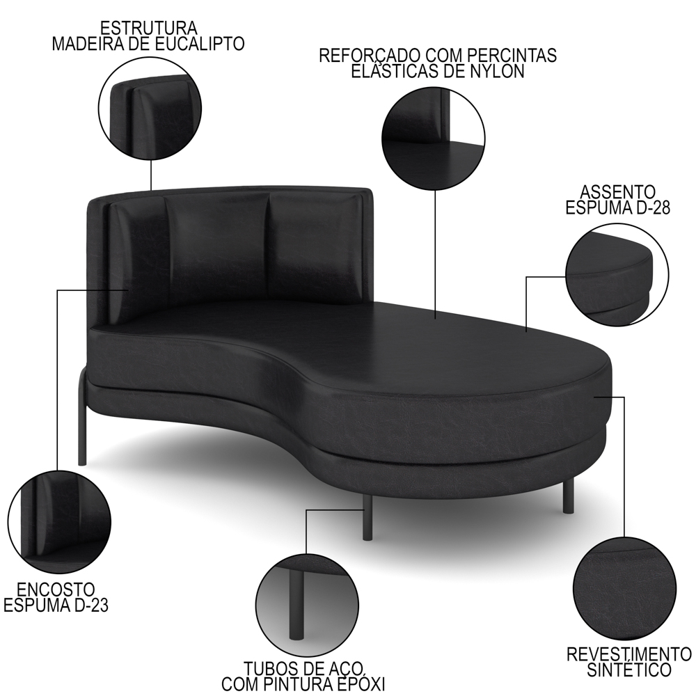 Chaise Longue Divã 164cm Braço Esquerdo Logus D06 Sintético Preto - Mpozenato
