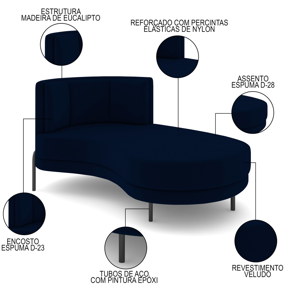 Chaise Longue Divã 164cm Braço Esquerdo Logus D06 Veludo Azul - Mpozenato