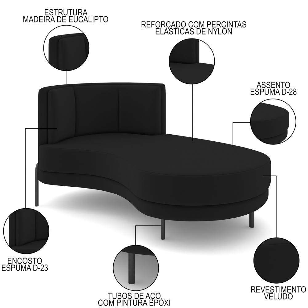 Chaise Longue Divã 164cm Braço Esquerdo Logus D06 Veludo Preto - Mpozenato