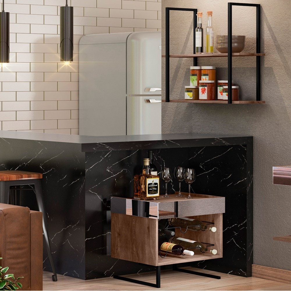 Conjunto Adega Espelhada 6 Garrafas e Prateleira Suspensa Estilo Industrial Loft D09 Demolição/Preto - Mpozenato