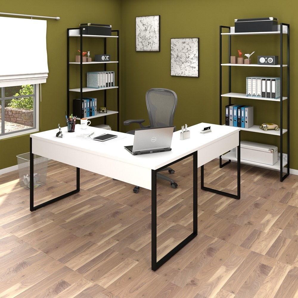 Conjunto Escritório 3 peças 1 Mesa em L e 2 Estantes Studio Industrial M18 Branco - Mpozenato