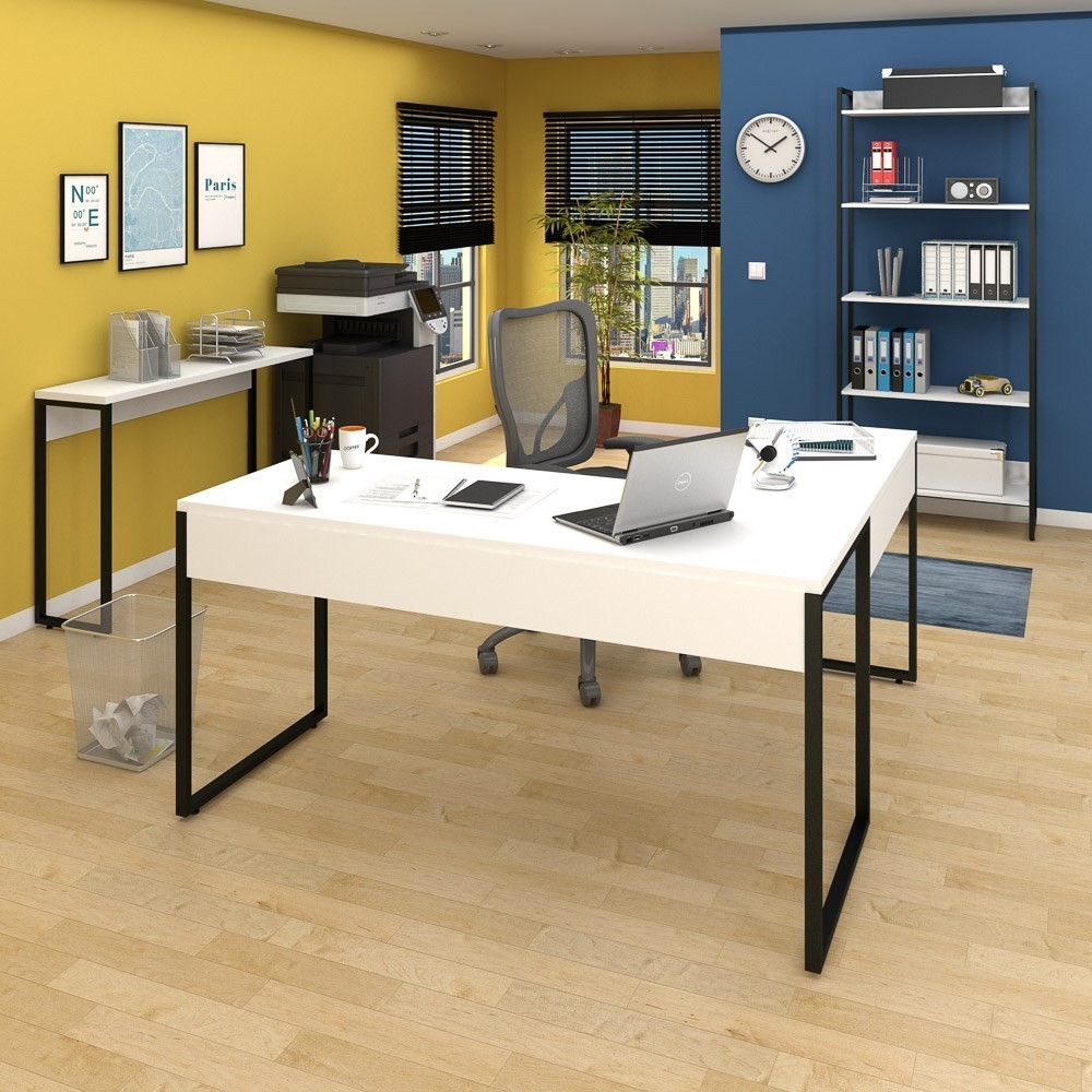 Conjunto Escritório 3 peças Mesa em L Estante e Aparador Studio Industrial M18 Branco - Mpozenato