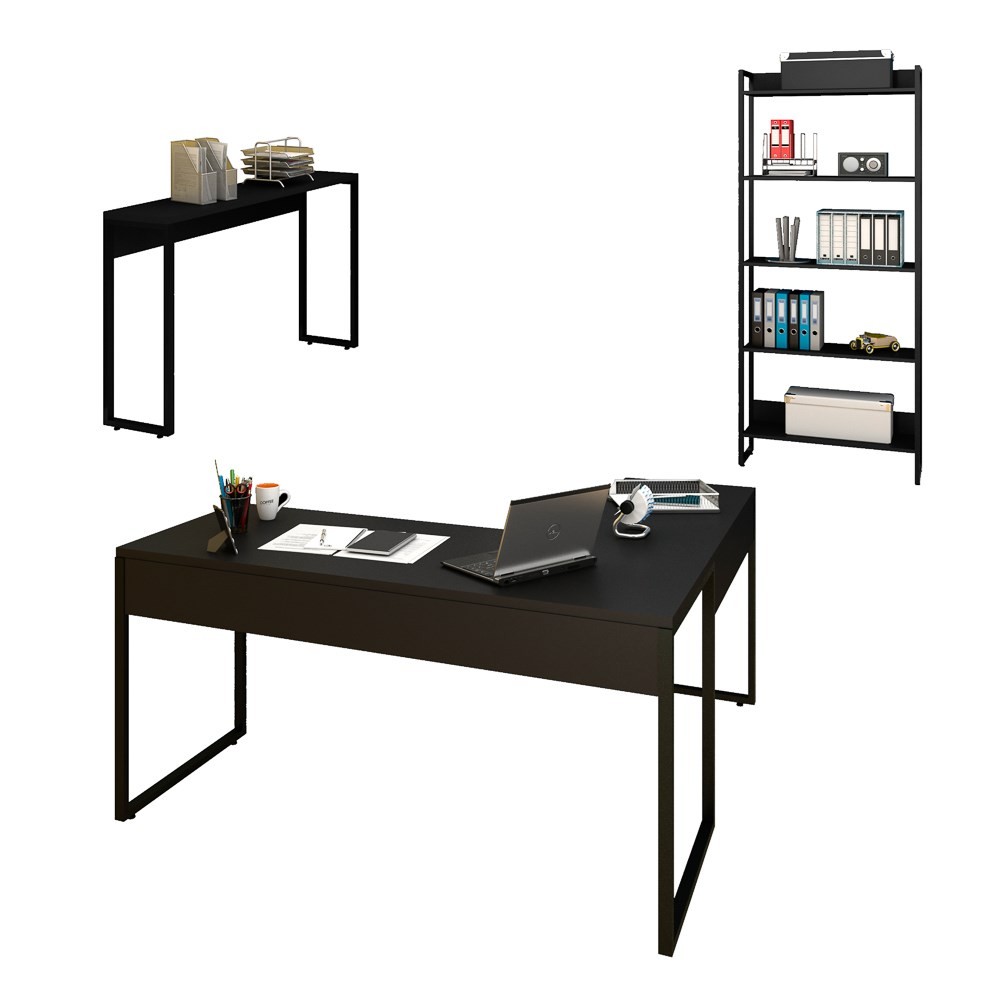 Conjunto Escritório 3 peças Mesa em L Estante e Aparador Studio Industrial M18 Preto - Mpozenato