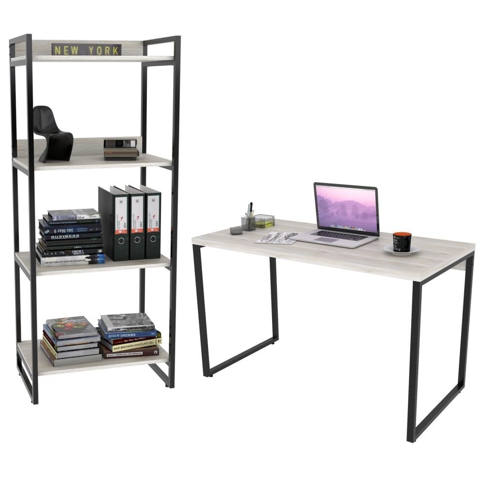 Conjunto Escritório Estilo Industrial Mesa 120cm e Estante 60cm 4 Prateleiras Prisma C08 Snow - Mpozenato