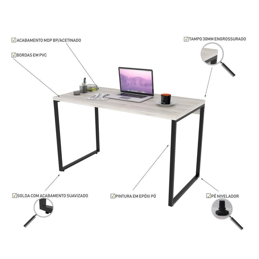 Conjunto Escritório Estilo Industrial Mesa 120cm e Estante 60cm 4 Prateleiras Prisma C08 Snow - Mpozenato