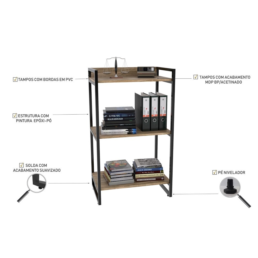 Conjunto Escritório Estilo Industrial Mesa 135cm e Estante 60cm 3 Prateleiras Prisma C08 Carvalho - Mpozenato