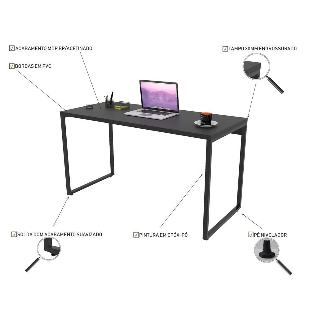 Conjunto Escritório Estilo Industrial Mesa 135cm e Estante 60cm 3 Prateleiras Prisma C08 Preto Onix - Mpozenato