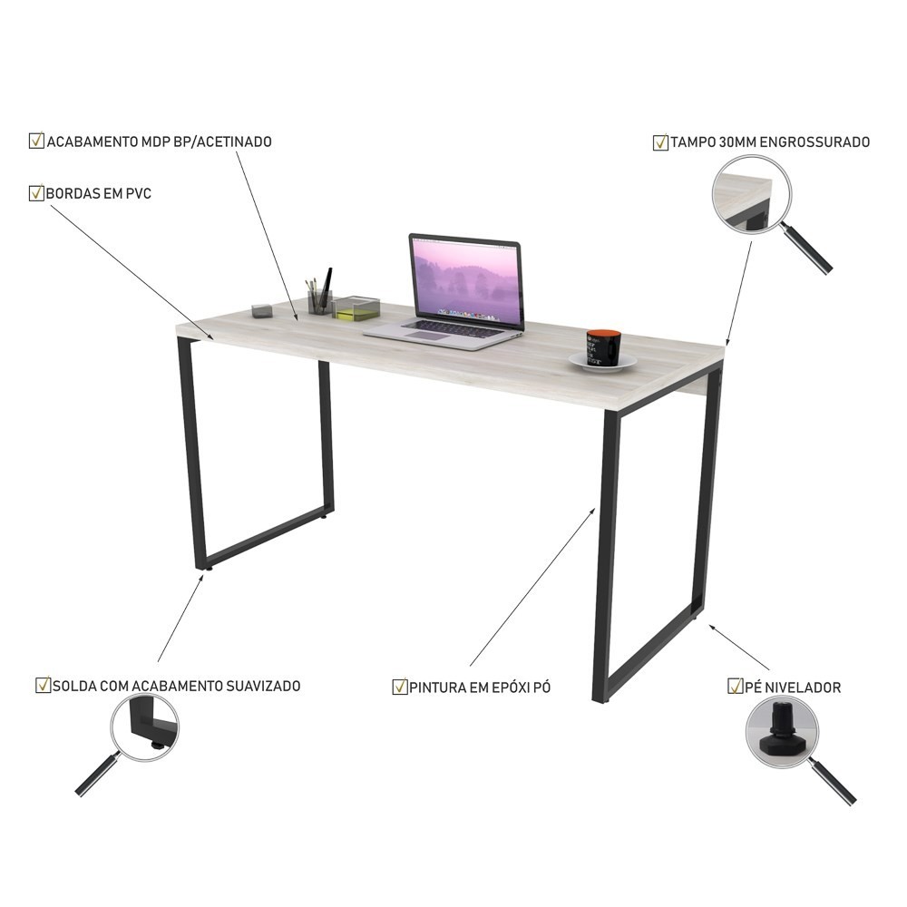Conjunto Escritório Estilo Industrial Mesa 135cm e Estante 60cm 3 Prateleiras Prisma C08 Snow - Mpozenato