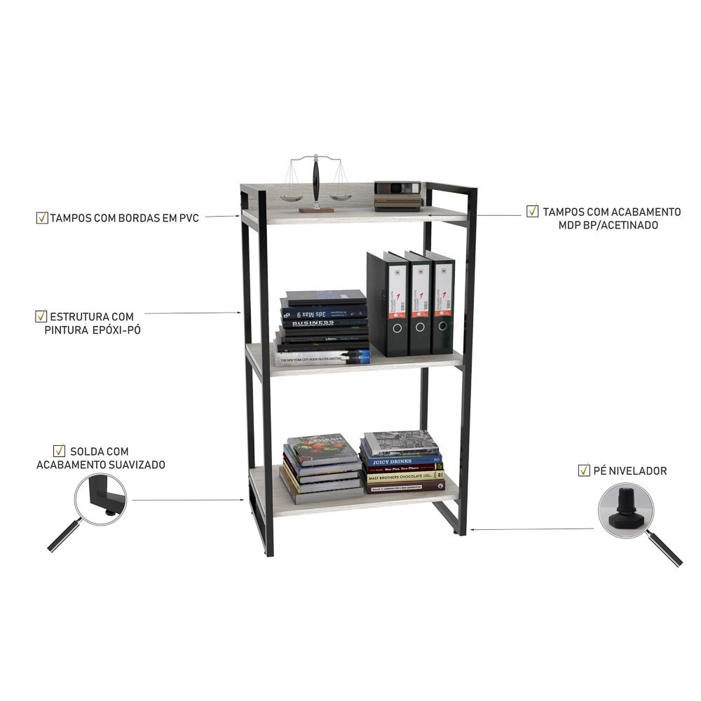 Conjunto Escritório Estilo Industrial Mesa 135cm e Estante 60cm 3 Prateleiras Prisma C08 Snow - Mpozenato