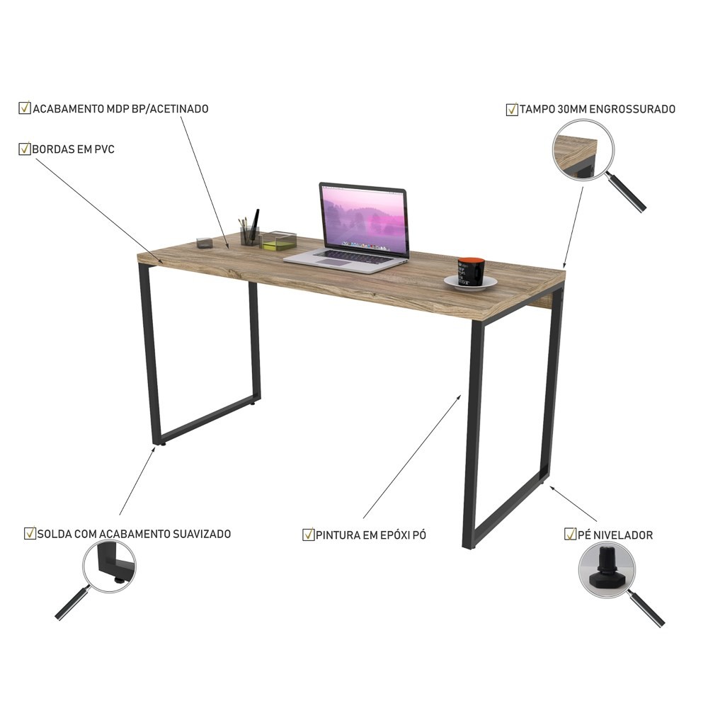 Conjunto Escritório Estilo Industrial Mesa 135cm e Estante 60cm 4 Prateleiras Prisma C08 Carvalho - Mpozenato