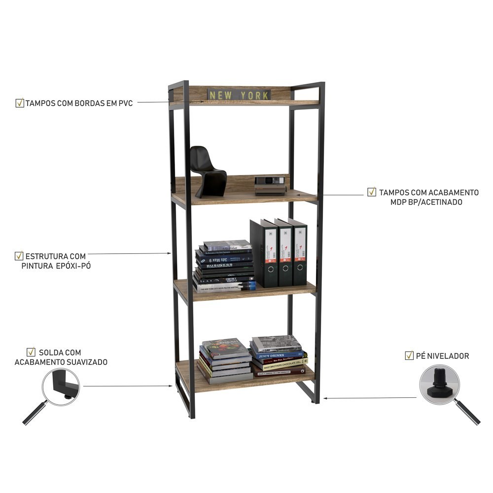 Conjunto Escritório Estilo Industrial Mesa 135cm e Estante 60cm 4 Prateleiras Prisma C08 Carvalho - Mpozenato