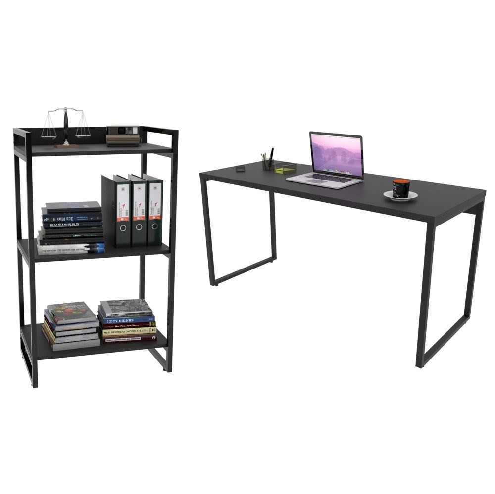 Conjunto Escritório Estilo Industrial Mesa 150cm e Estante 60cm 3 Prateleiras Prisma C08 Preto Onix - Mpozenato