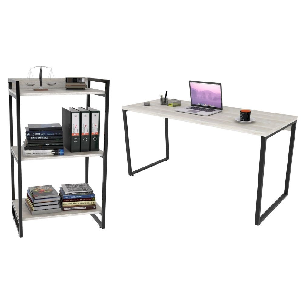 Conjunto Escritório Estilo Industrial Mesa 150cm e Estante 60cm 3 Prateleiras Prisma C08 Snow - Mpozenato