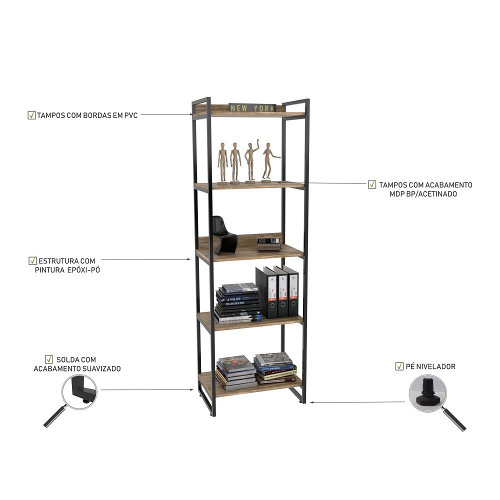 Conjunto Escritório Estilo Industrial Mesa 150x150cm e 2 Estantes 60cm 5 Prateleiras Prisma C08 Carvalho - Mpozenato