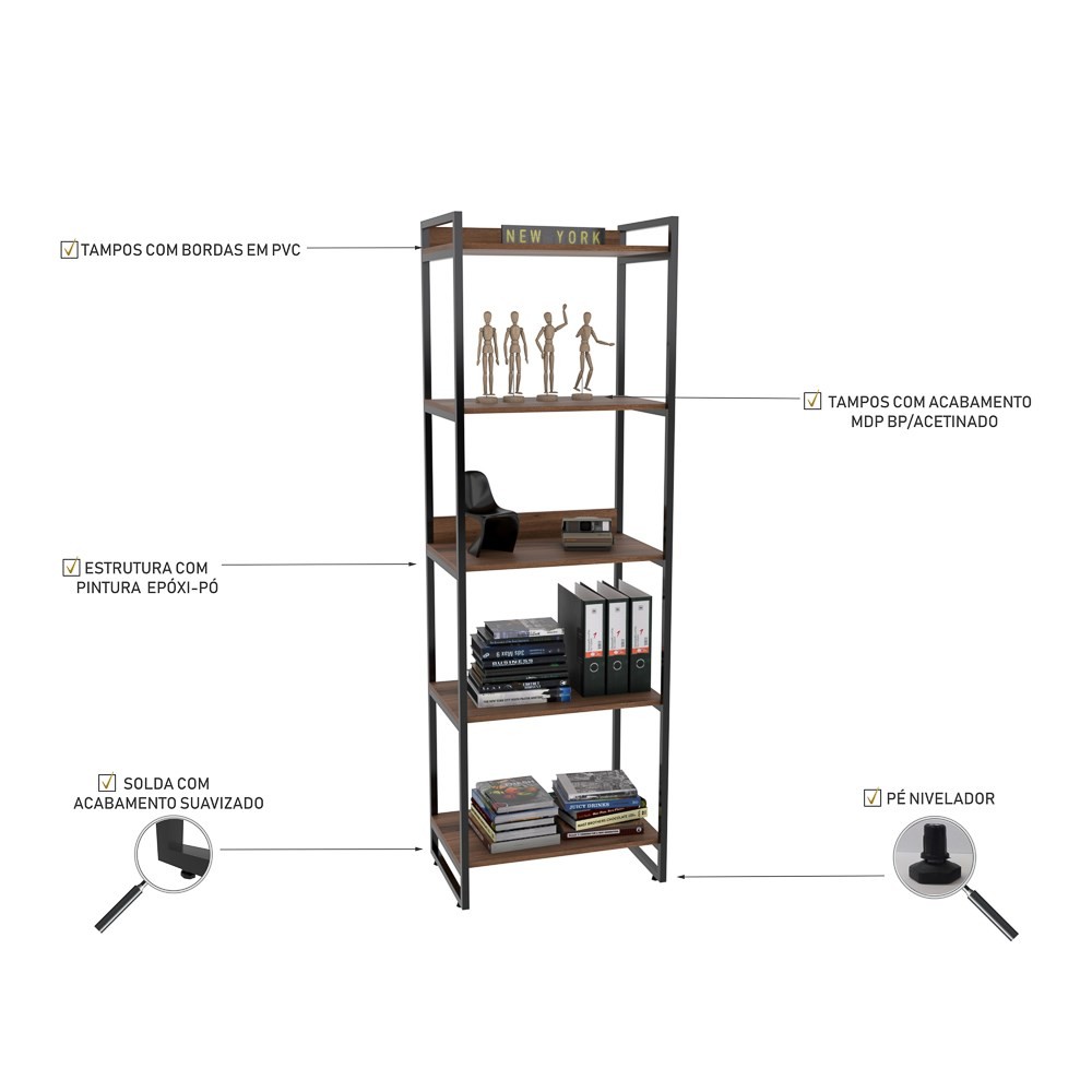 Conjunto Escritório Estilo Industrial Mesa 150x150cm e 2 Estantes 60cm 5 Prateleiras Prisma C08 Nogal - Mpozenato