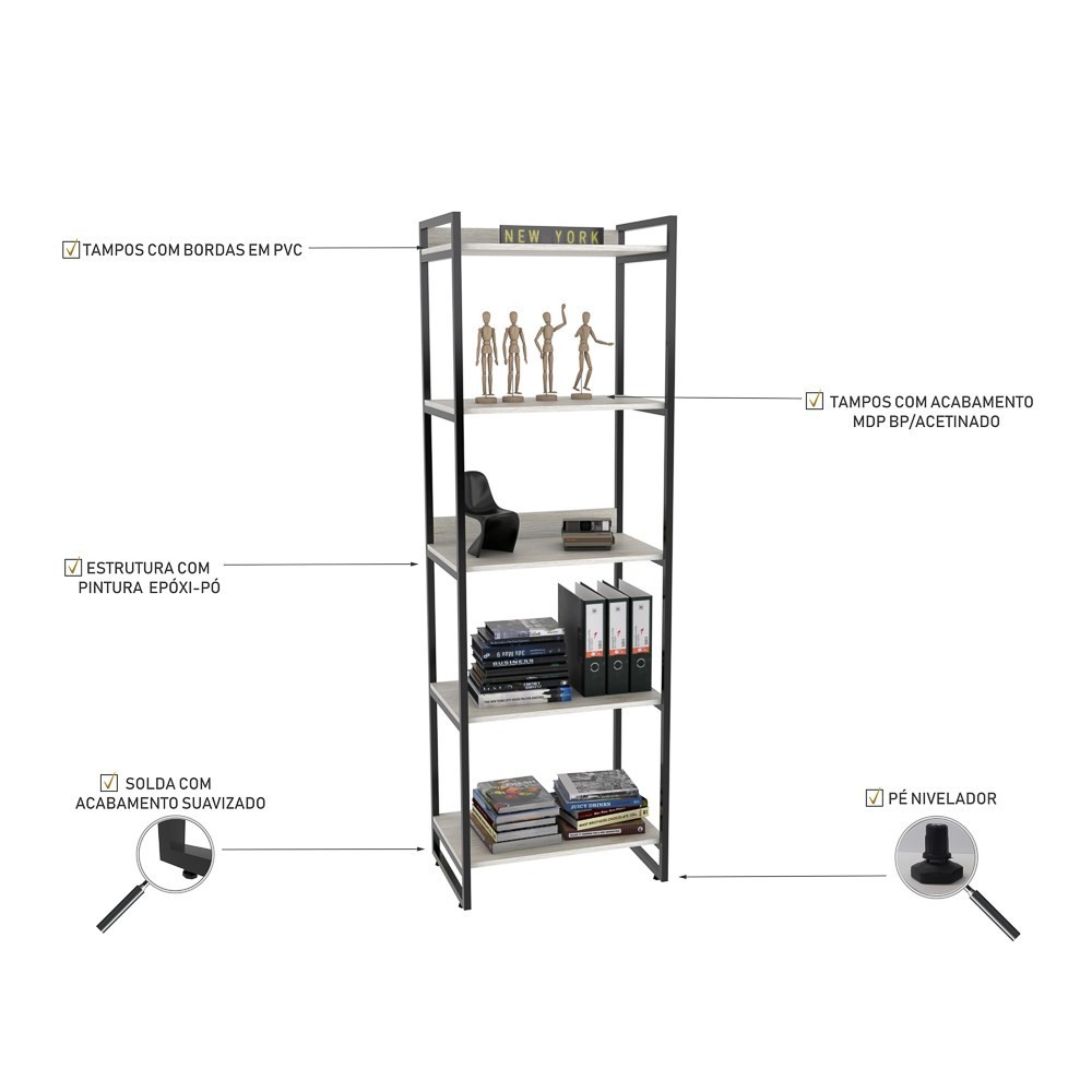 Conjunto Escritório Estilo Industrial Mesa 150x150cm e Estante 60cm 5 Prateleiras Prisma C08 Snow - Mpozenato