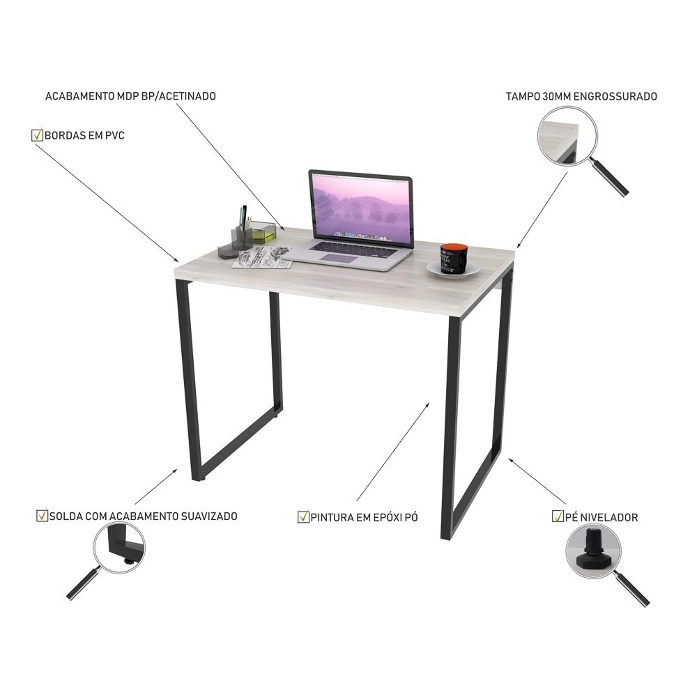Conjunto Escritório Estilo Industrial Mesa 90cm e Estante 60cm 3 Prateleiras Prisma C08 Snow - Mpozenato