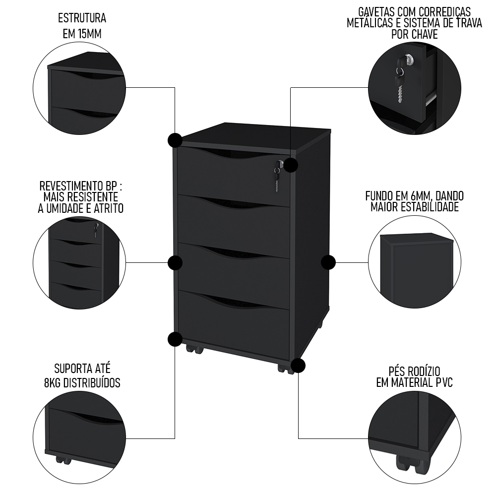 Conjunto Escritório Home Office 4 Peças Mity A06 Preto - Mpozenato