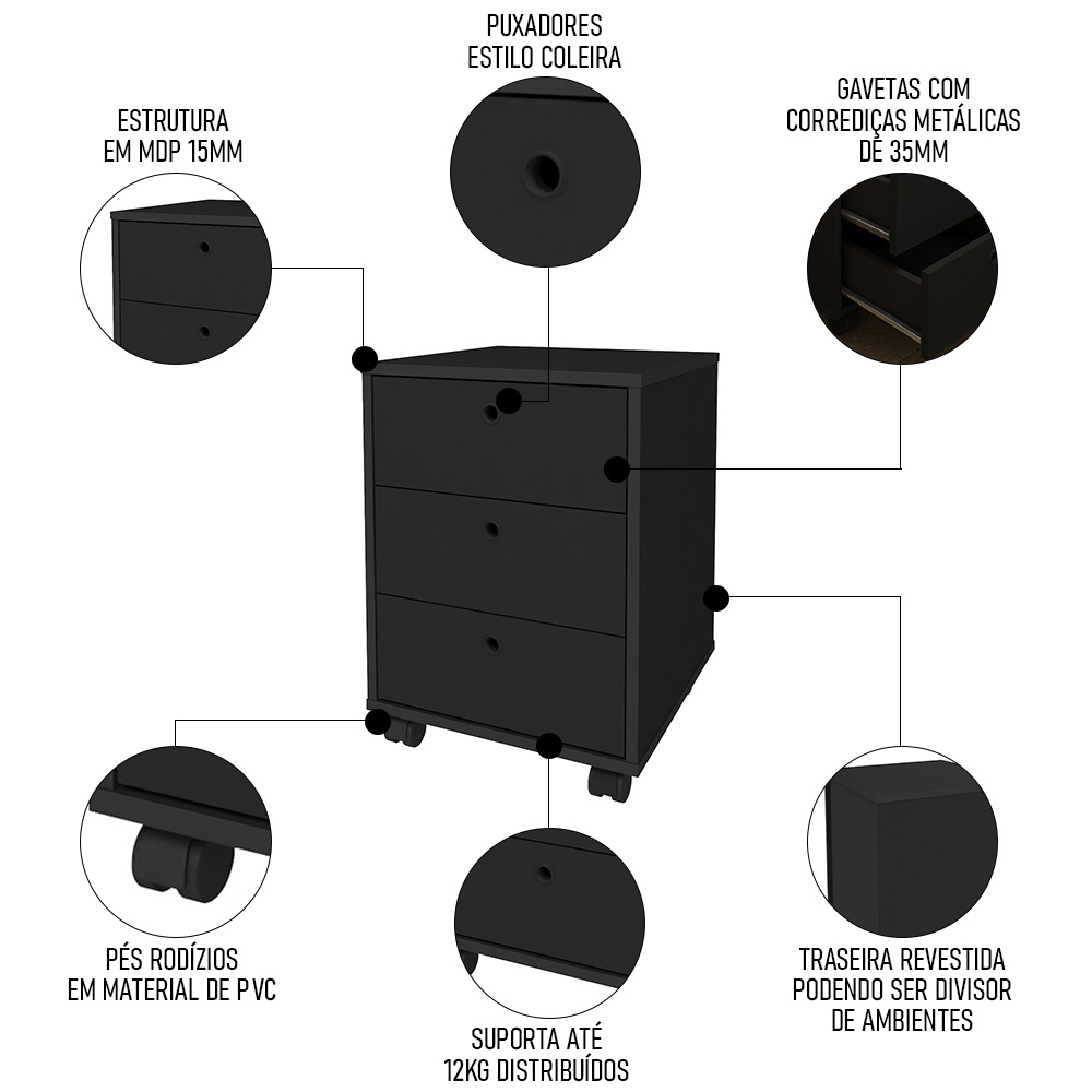 Conjunto Escritório Home Office 4 Peças Nil A06 Preto - Mpozenato