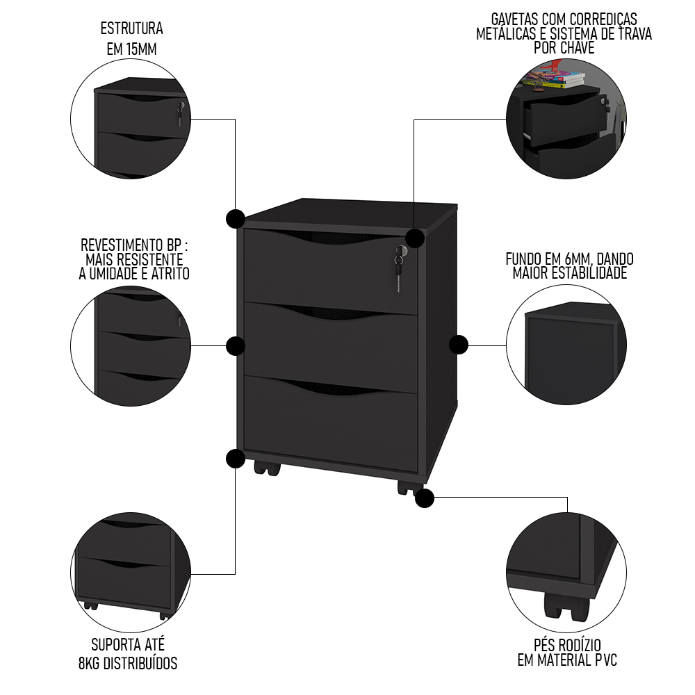 Conjunto Escritório Home Office 4 Peças Side A06 Preto - Mpozenato